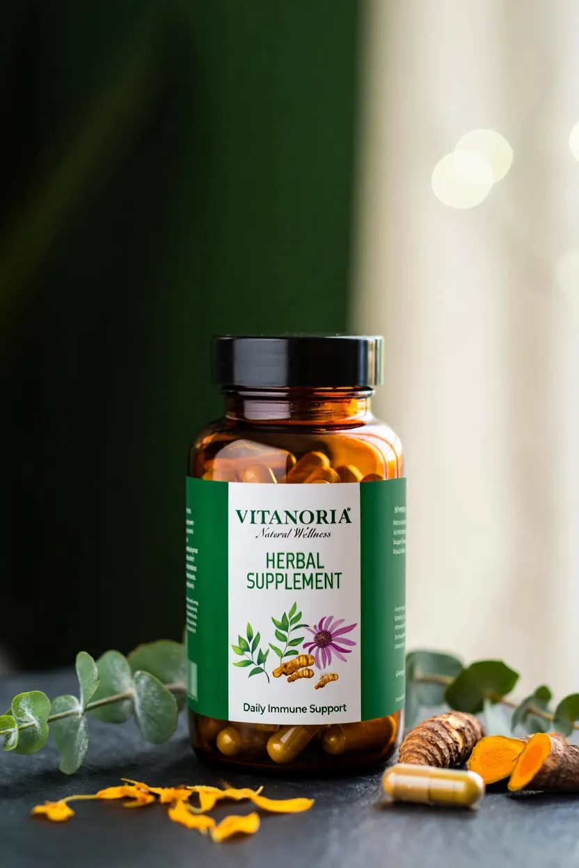Vitanoria natural wellness supplement bottle with herbal ingredients packaging